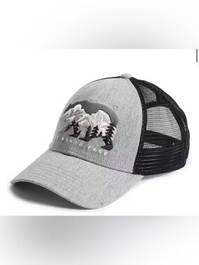 The North Face Gray and Black Mesh-Back Trucker Hat w/ Em Mountain Bear